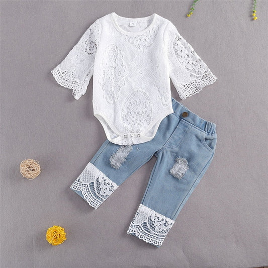 New Fashion 0-24M Baby Girls Fall Clothes Long Sleeve Lace Romper Suit Triangle Crotch Lace Top Hole Long Jeans 2Pcs Outfit