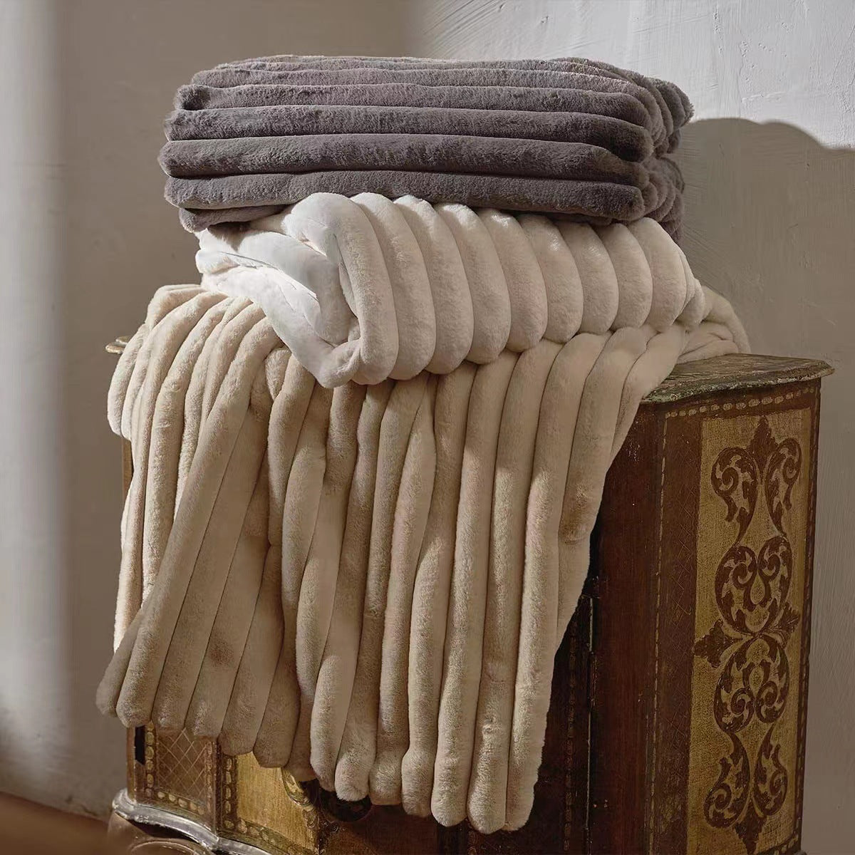 Striped Jacquard Rabbit Fur Blanket