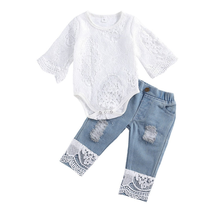 New Fashion 0-24M Baby Girls Fall Clothes Long Sleeve Lace Romper Suit Triangle Crotch Lace Top Hole Long Jeans 2Pcs Outfit