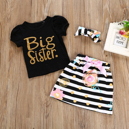3Pcs T-shirt Romper Skirt Headband Big Little Sister Twins Clothes Baby Girl Clothes Outfits Set