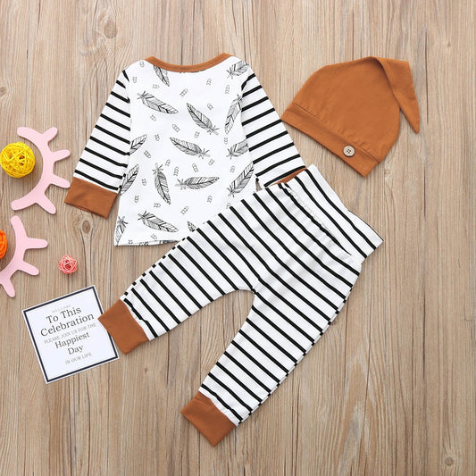 Winter Baby Newborn Baby Boy Girl Clothes Feather T shirt Tops Striped Pants Clothes Outfits Set vetement enfant fille