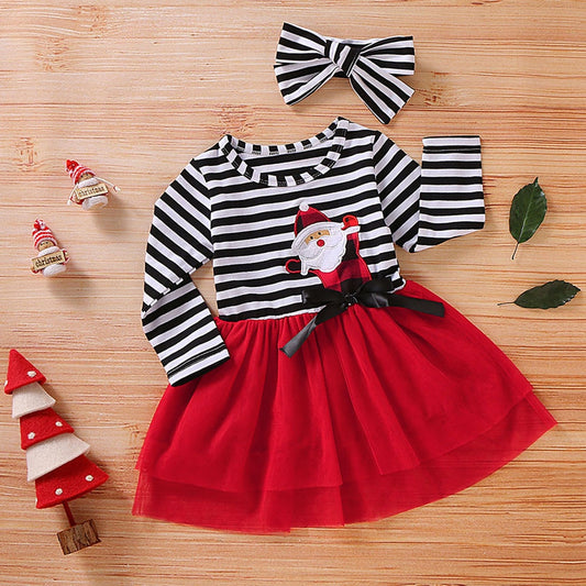 Toddler Girls Christmas Dress Santa Striped Print Tulle Dress+Headband Outfits Toddler Christmas Dress Girls Vestido Infantil