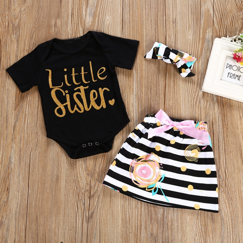 3Pcs T-shirt Romper Skirt Headband Big Little Sister Twins Clothes Baby Girl Clothes Outfits Set