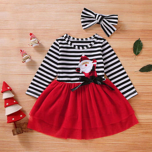 Toddler Girls Christmas Dress Santa Striped Print Tulle Dress+Headband Outfits Toddler Christmas Dress Girls Vestido Infantil