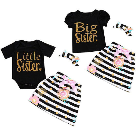 3Pcs T-shirt Romper Skirt Headband Big Little Sister Twins Clothes Baby Girl Clothes Outfits Set