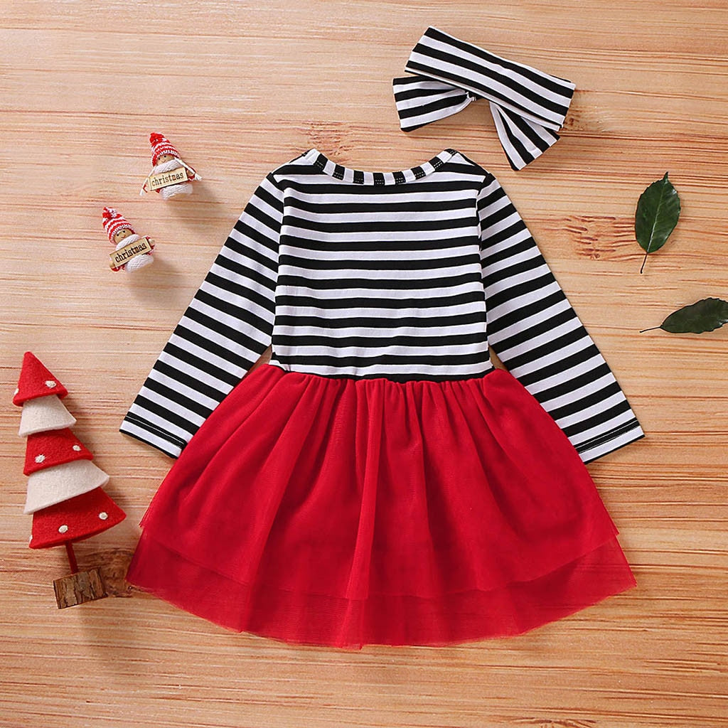 Toddler Girls Christmas Dress Santa Striped Print Tulle Dress+Headband Outfits Toddler Christmas Dress Girls Vestido Infantil