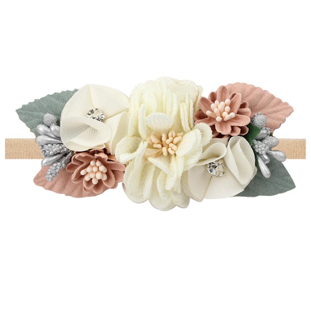 Baby's Hundred Day Full Moon Photo Halogen Protection Hair Band Beige Pearl Rhinestone Nylon Headband