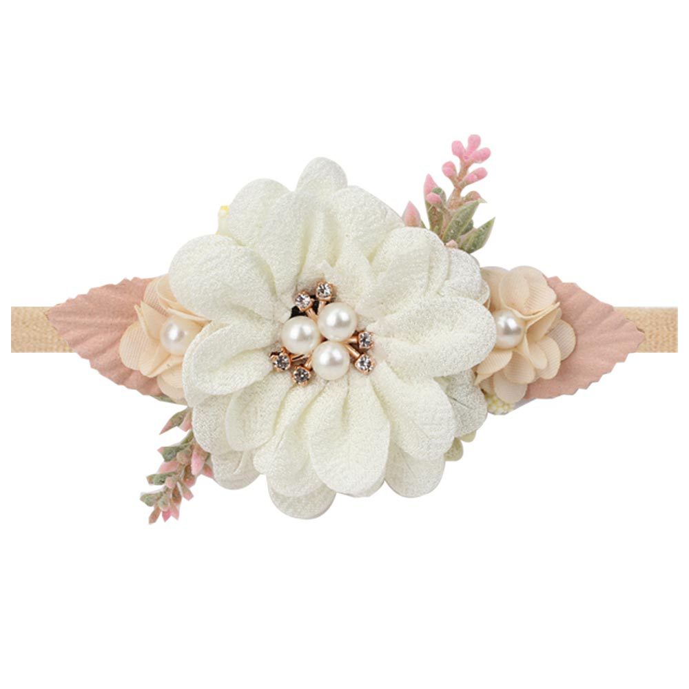 Baby's Hundred Day Full Moon Photo Halogen Protection Hair Band Beige Pearl Rhinestone Nylon Headband